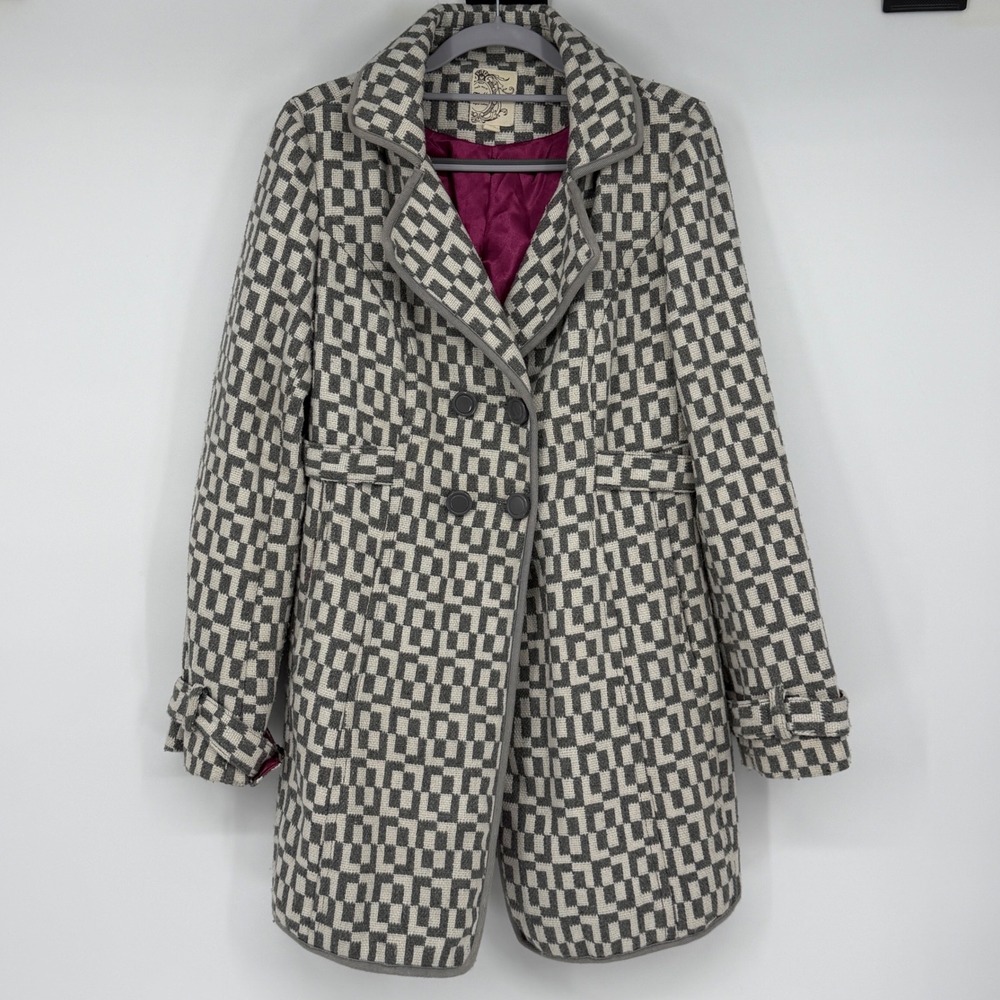 Tulle Geometric Tapestry Coat M Gray Ivory Double Breasted Mod Y2K Retro